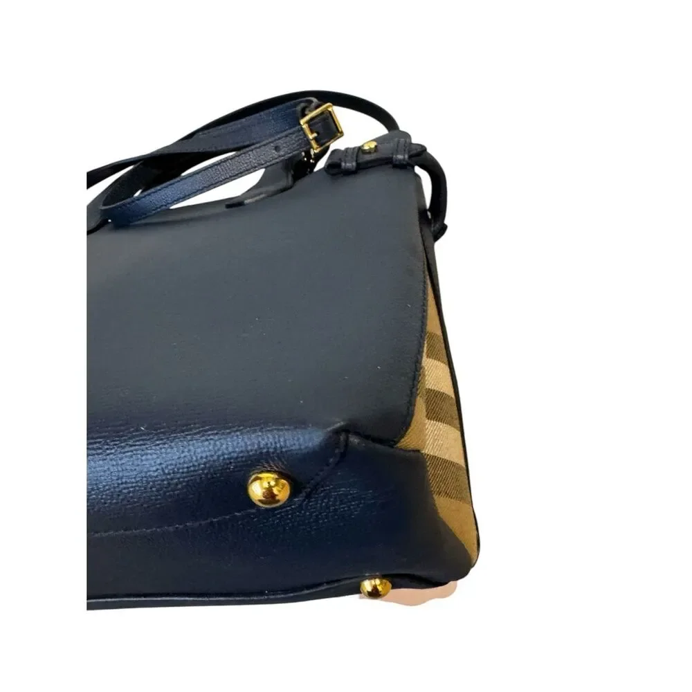 Burberry Navy Blue Saffiano Pebbled Leather Nova Check 2way Banner Satchel Ex+